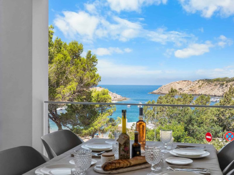 View from the terrace over pines to the cove and the sea