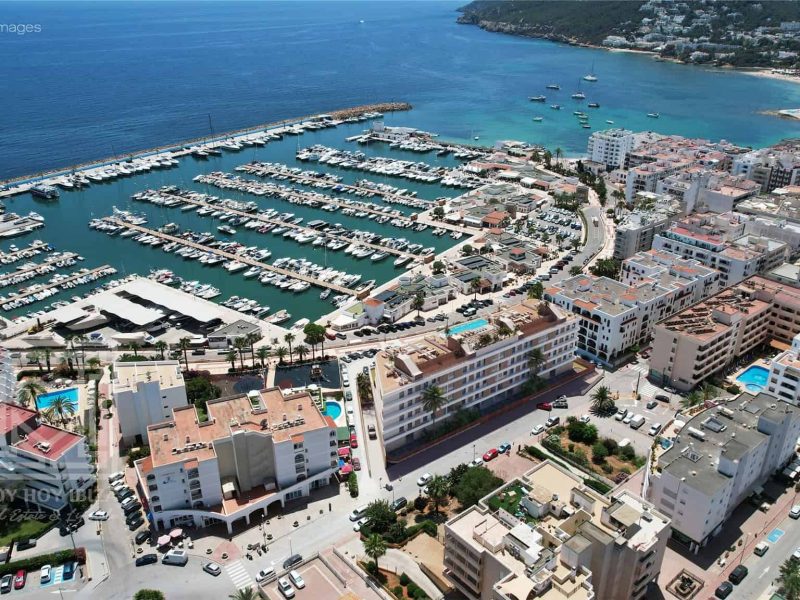 Aerial view of Santa Eulària marina and surrounding seafront neighbourhood in Ibiza