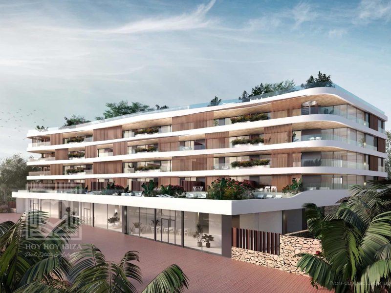 Exterior architectural view of contemporary seafront residences in Santa Eulària