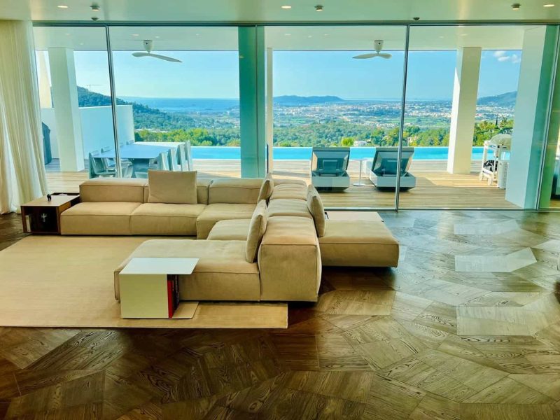 Modern living room overlooking Ibiza from a villa in Can Furnet