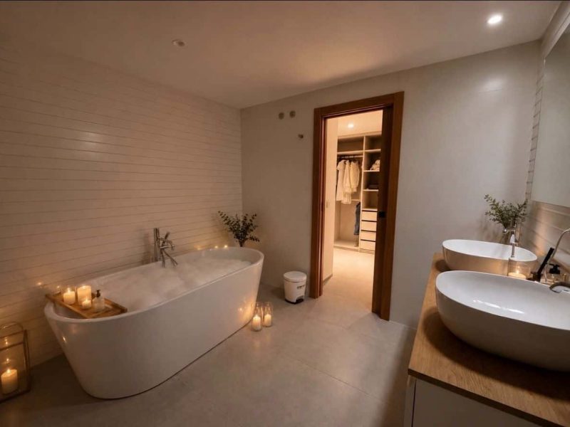 Master bathroom with freestanding bathtub and double vanity