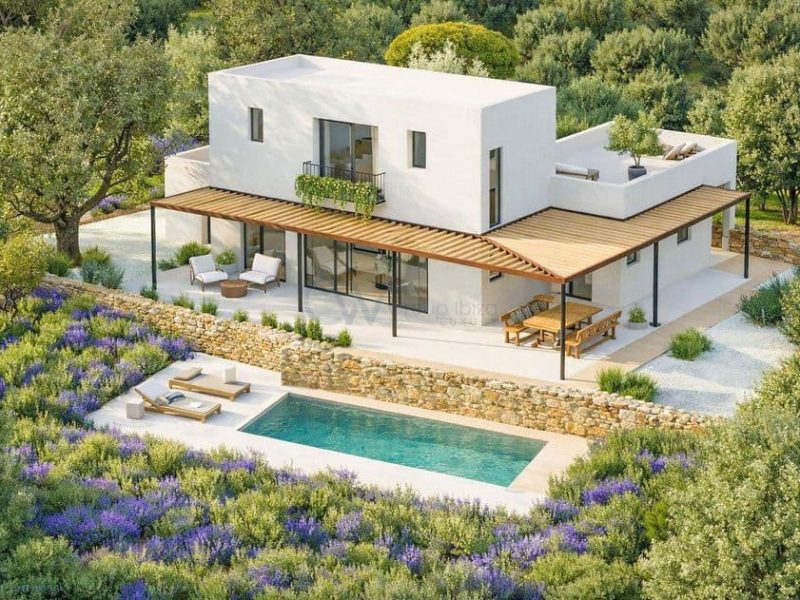 Aerial view of contemporary villa with private pool in Benimussa, Ibiza