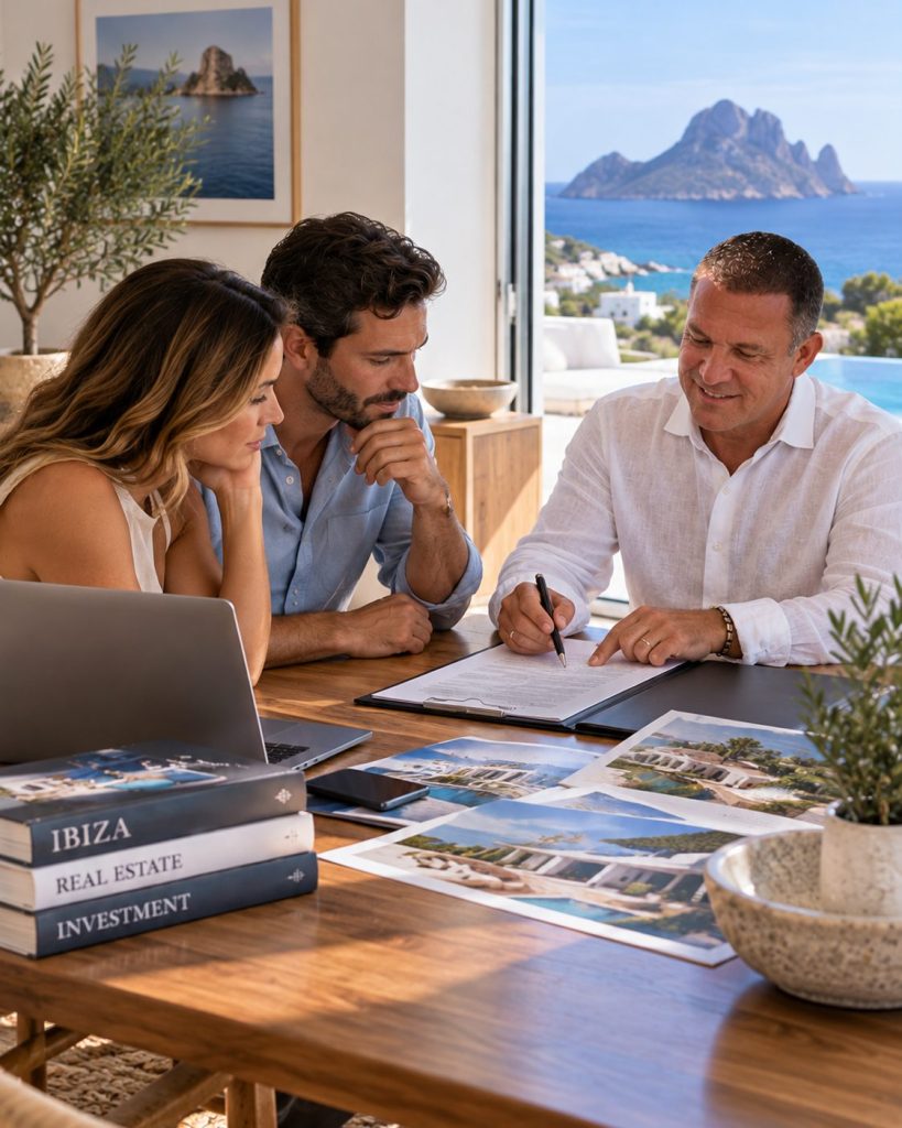 Can Americans Buy Property in Ibiza_ A couple sitting with an adviser at a table by an open window, reading paperwork with property brochures spread out and Es Vedra across the water.