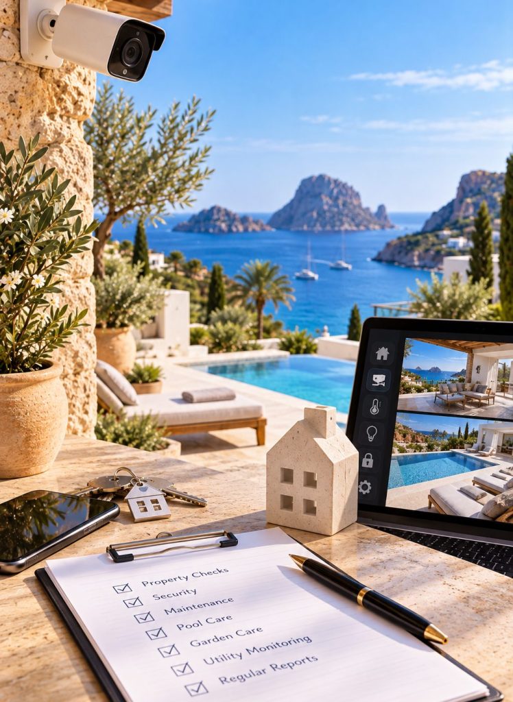 Can Someone Regularly Check My Property While I Am Away_ A security camera and a property check list with keys on a villa terrace above the sea
