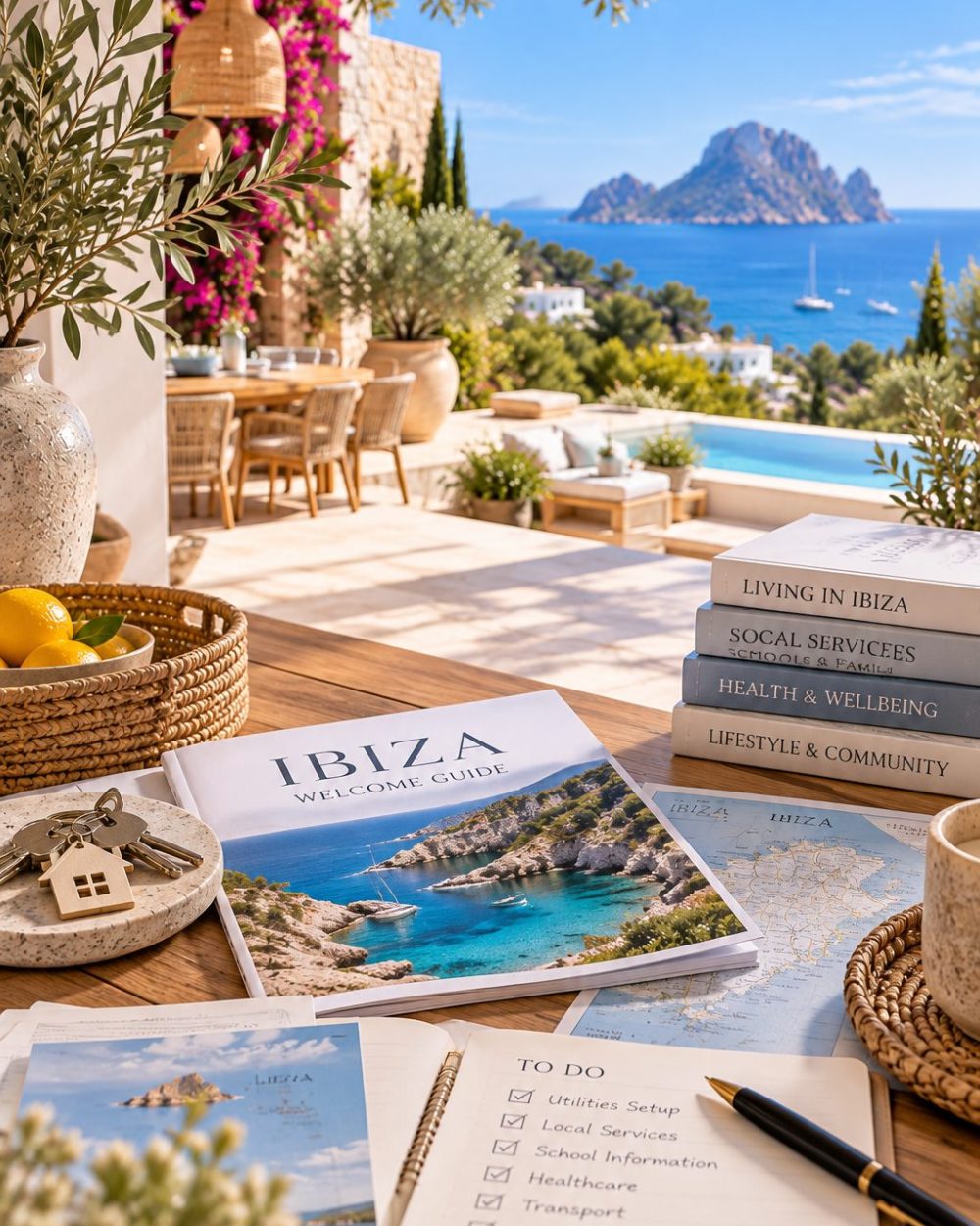 Can You Help Us Settle into Life in Ibiza_ Guides to living in Ibiza and a settling-in checklist on a terrace table above the sea