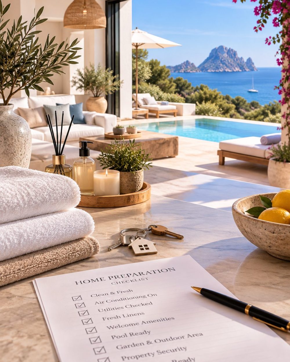 Can You Prepare My Ibiza Home Before I Arrive_ Folded towels, keys and a home preparation checklist on a table by a villa pool, with Es Vedrà beyond
