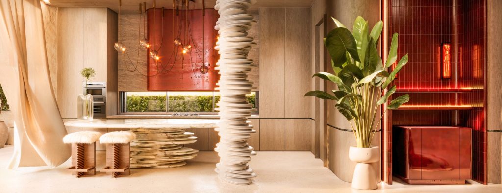 Kitchen and breakfast bar in the Casa Pacha garden villa, in oak and deep red lacquer
