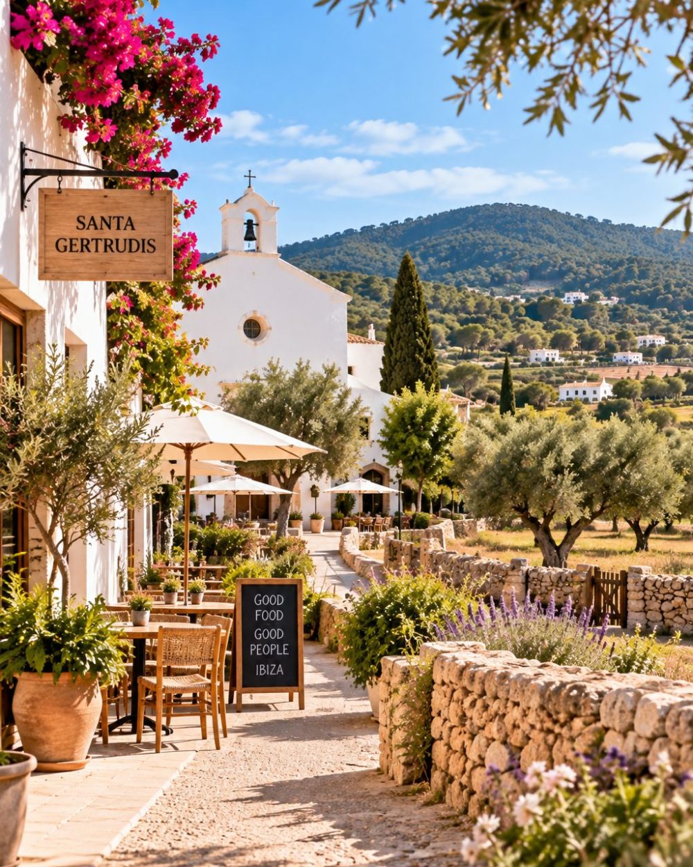 Central Ibiza_ Santa Gertrudis and the Countryside The whitewashed church and café tables at the centre of Santa Gertrudis, with the hills beyond