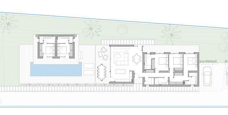 Site plan drawing of the villa, its pool and the plot