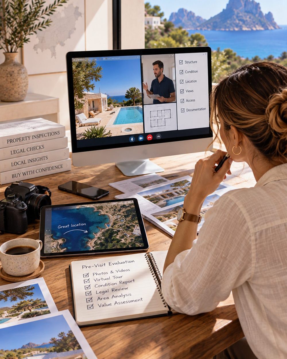 A buyer on a video call reviews villa photographs and a property checklist at a desk
