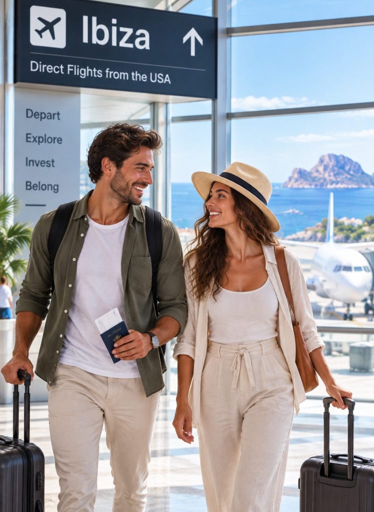 Una pareja con maletas cruza la terminal de un aeropuerto junto a un cartel de Ibiza