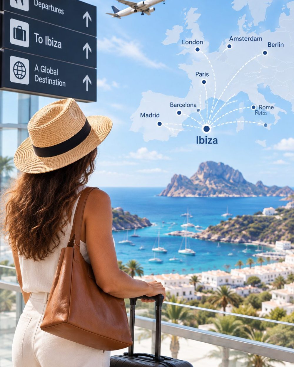 Una viajera con maleta mira un mapa de rutas que une ciudades europeas con Ibiza