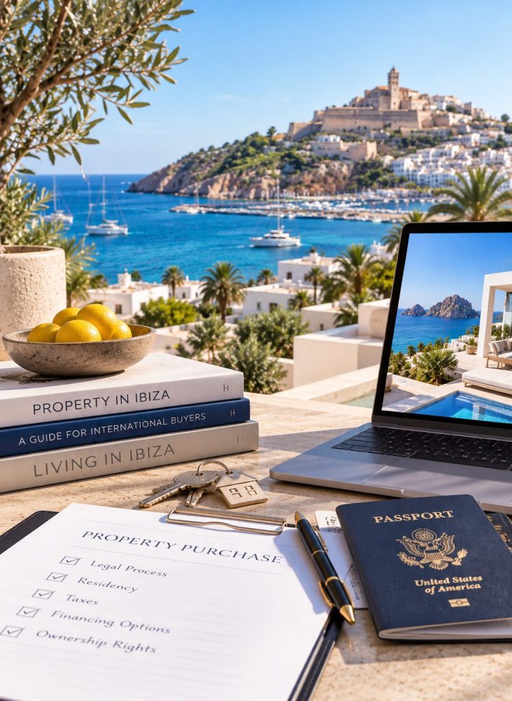 Is It Easy for an American to Own a Home in Ibiza_ A laptop, a United States passport and guides to buying in Ibiza on a terrace table above the harbour and old town