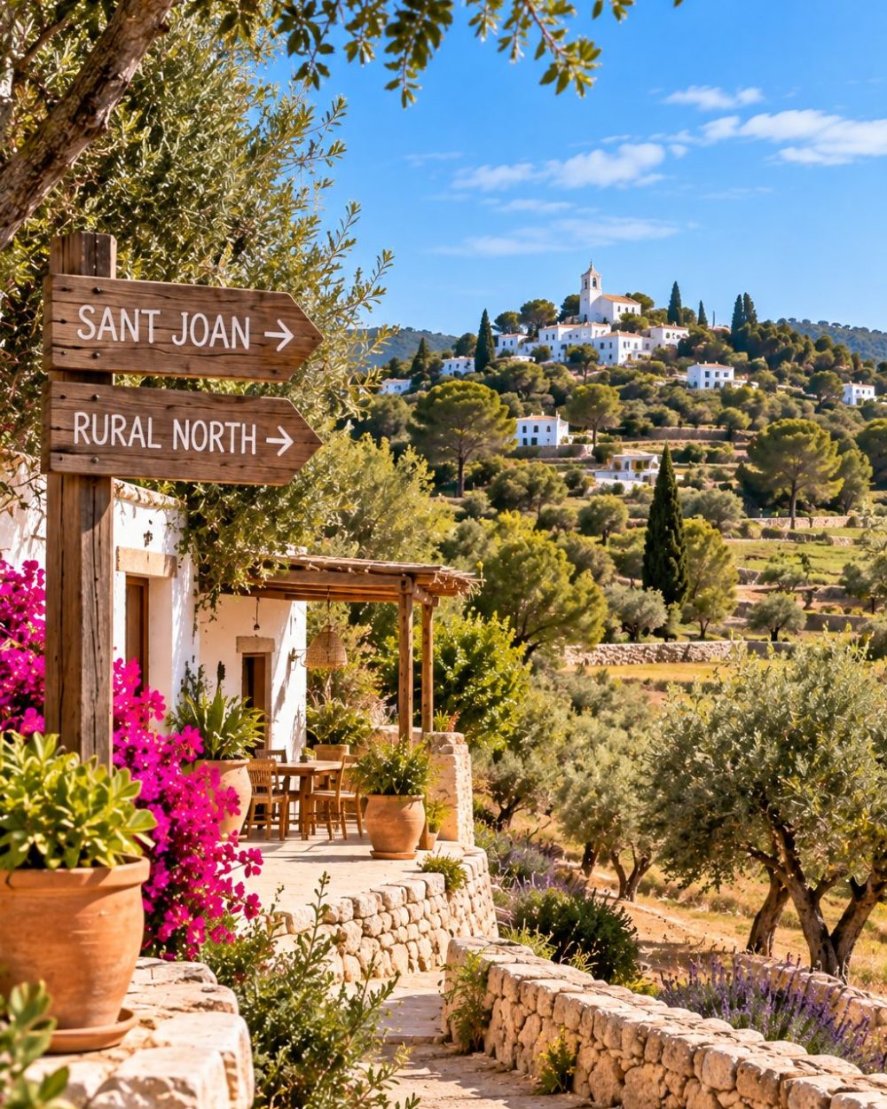 North Ibiza_ Sant Joan and the Rural North Indicadores hacia Sant Joan y el norte rural junto a un pueblo encalado en una ladera entre olivos