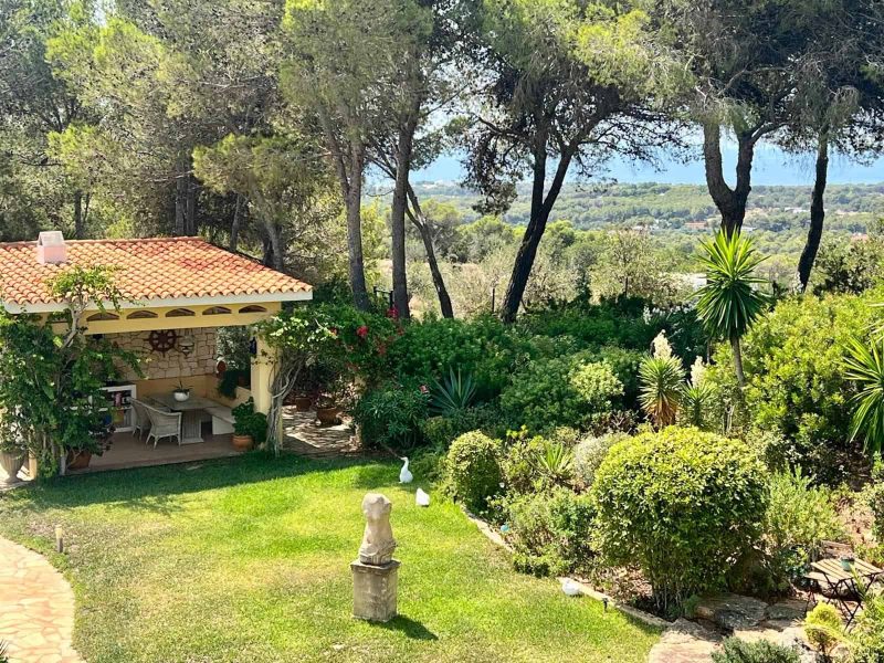 Landscaped garden with covered outdoor dining area and sea views