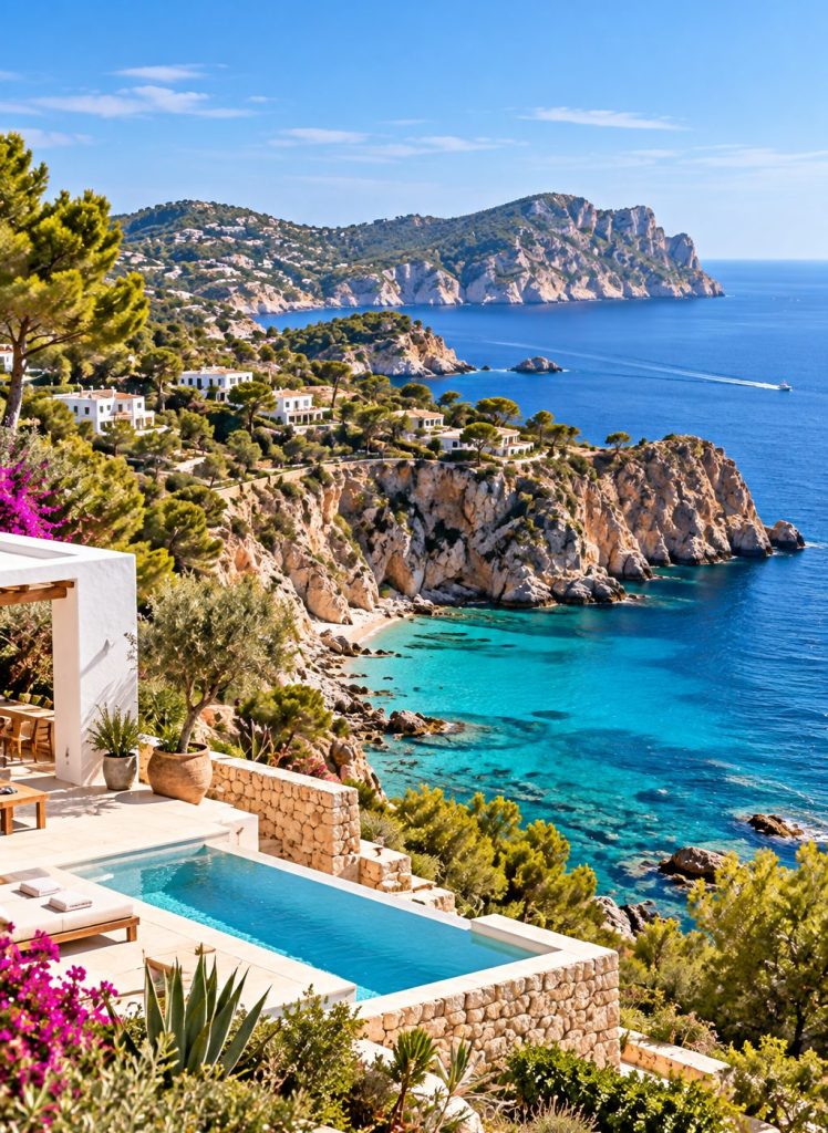 Southwest Ibiza_ Sant Josep, Es Cubells and Vista Alegre La terraza con piscina de una villa sobre una cala rocosa de la costa suroeste, con pinos que bajan hasta el agua cristalina