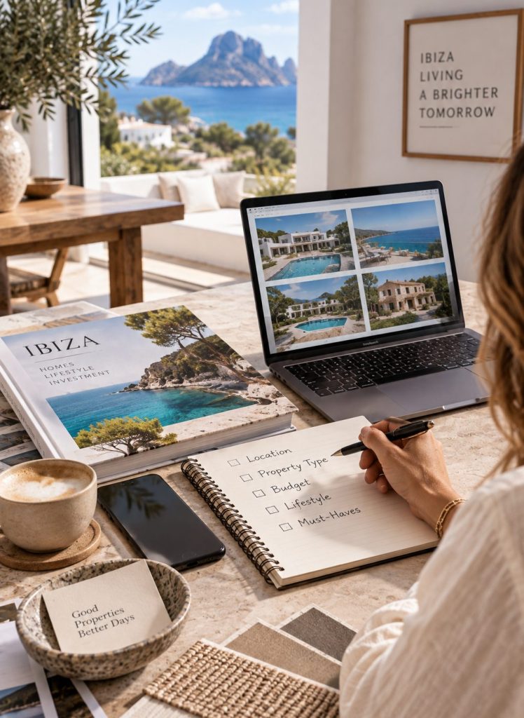 A buyer writes a property search checklist in a notebook beside a laptop showing Ibiza listings