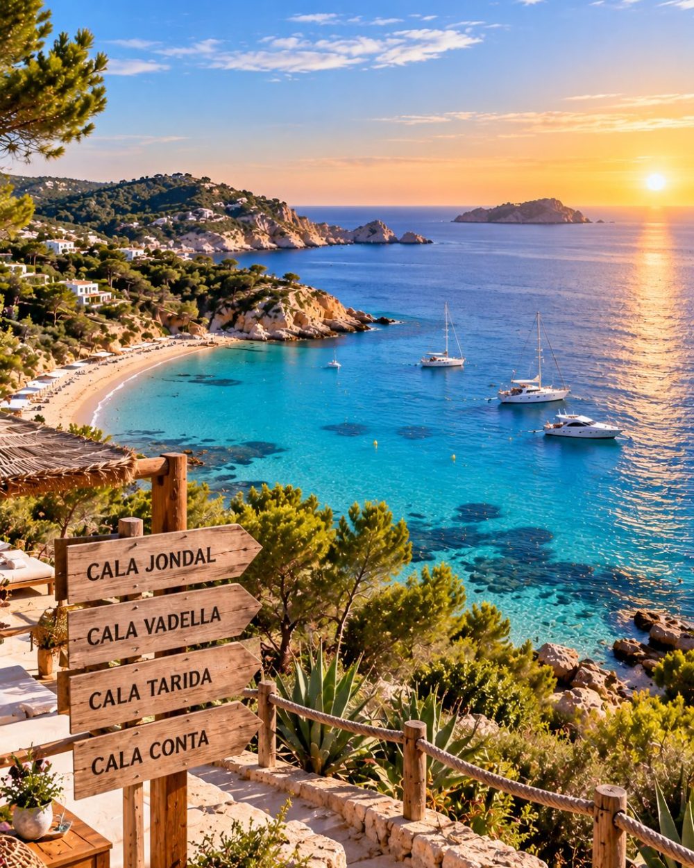 West Ibiza_ Cala Jondal, Cala Vadella, Cala Tarida and Cala Conta Indicadores de madera hacia las playas de la costa oeste sobre una bahía turquesa al atardecer, con barcos fondeados