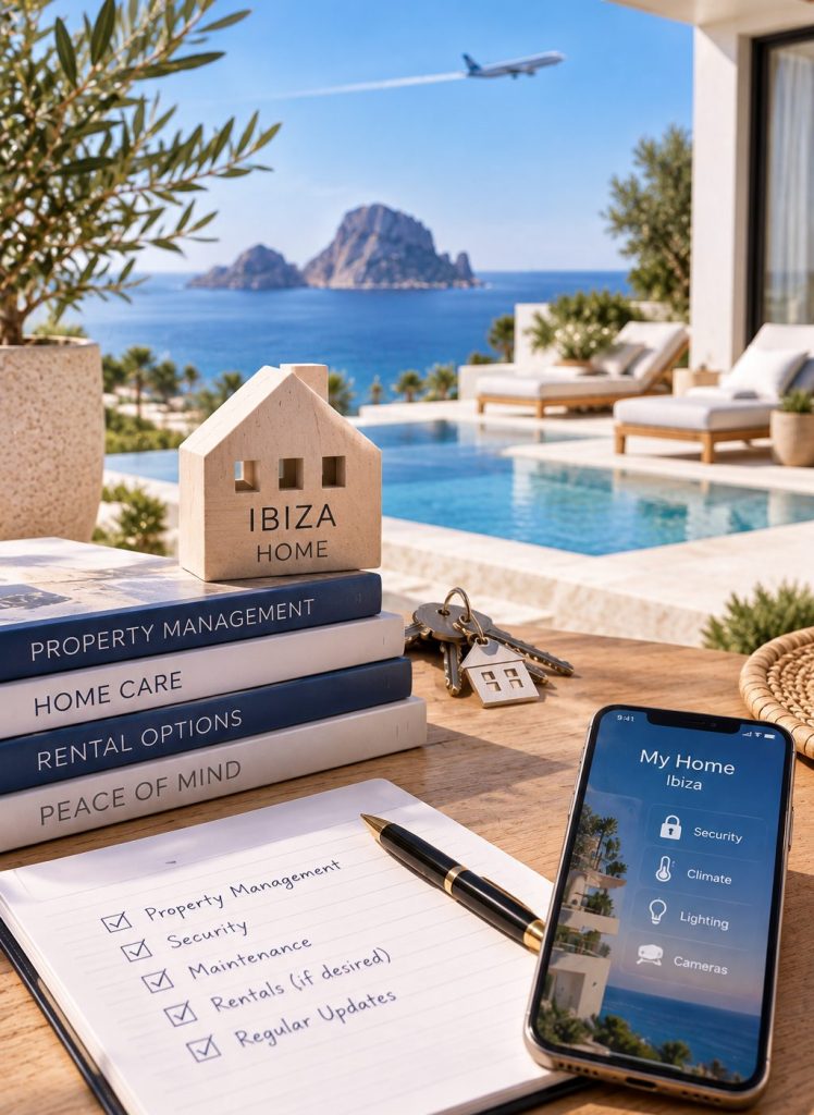 What Happens to My Ibiza Home When I Am in the United States_ A model house, keys, a phone showing a home management app and a checklist on a table beside a villa pool