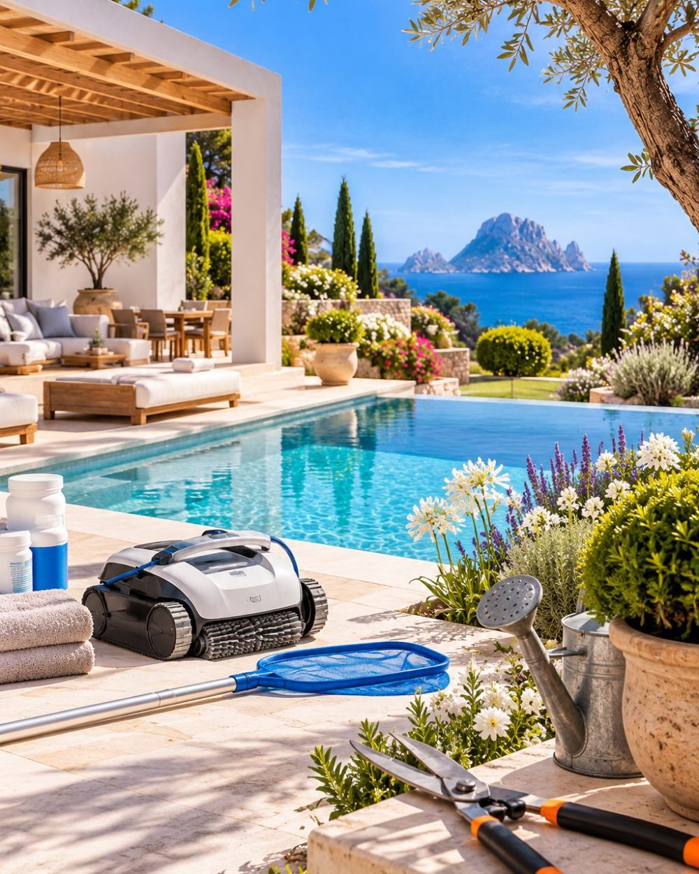 Who Handles Maintenance, Pool and Garden Care_ A pool cleaning robot, a hose and garden shears on the terrace beside a villa pool