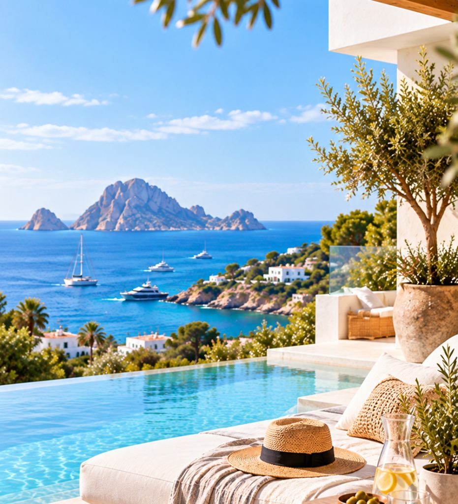 La terraza de una villa sobre el mar en Ibiza