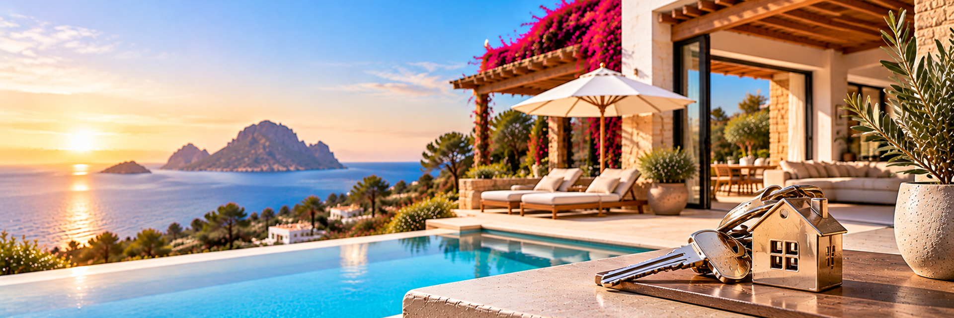 Put your property in the right hands An Ibiza villa terrace at sunset above the sea, with Es Vedra on the horizon and a set of house keys on the table